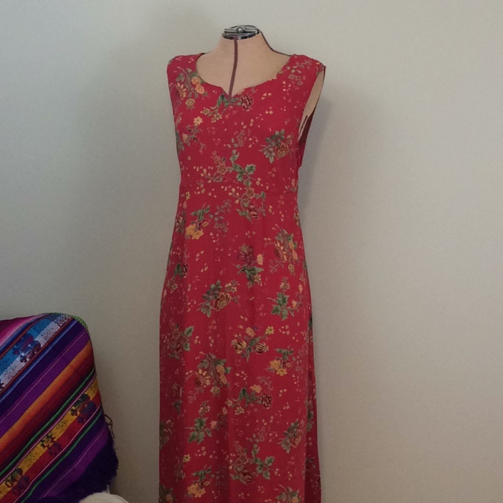 April Cornell red, floral, maxi dress